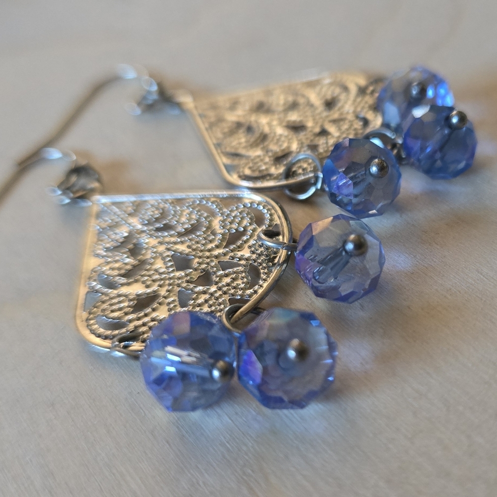 Elegant Silver Tone and Blue Dangle Earrings - Picture 2 of 2